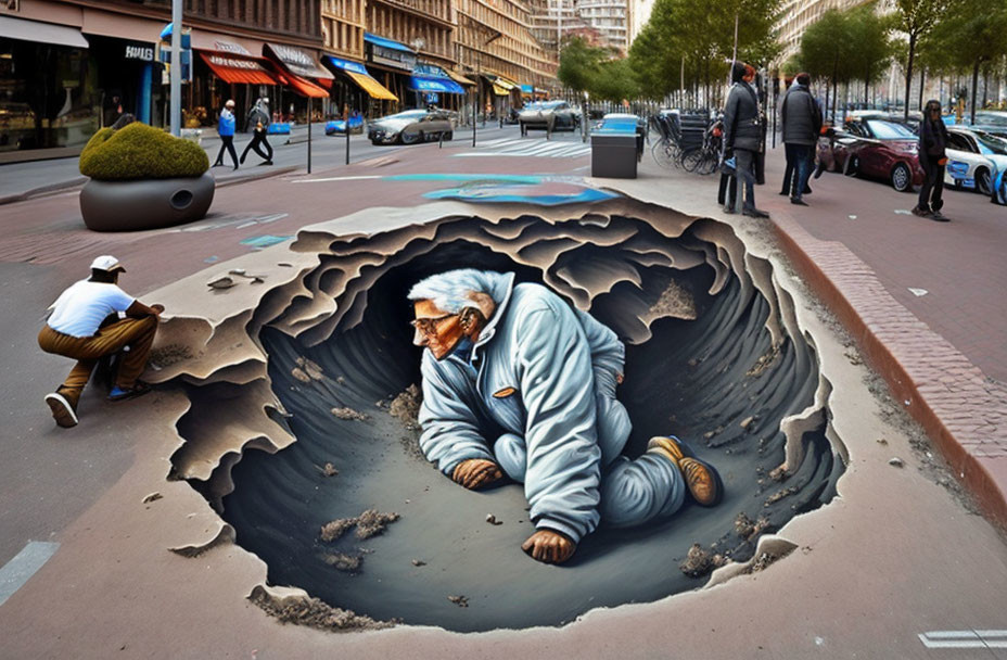 Realistic 3D street art illusion of person in hole admired by bystanders