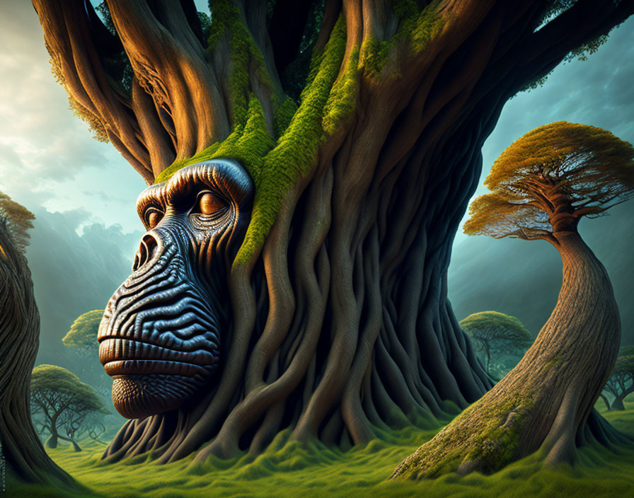 Majestic tree with wise gorilla face in serene forest