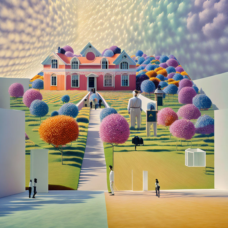 Vibrant surreal painting with large pastel house and colorful landscape