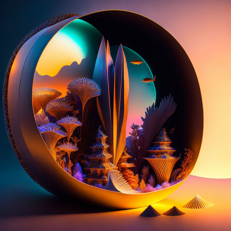 Colorful digital art: spherical portal to fantasy landscape with trees, mushrooms, and birds against sunset sky