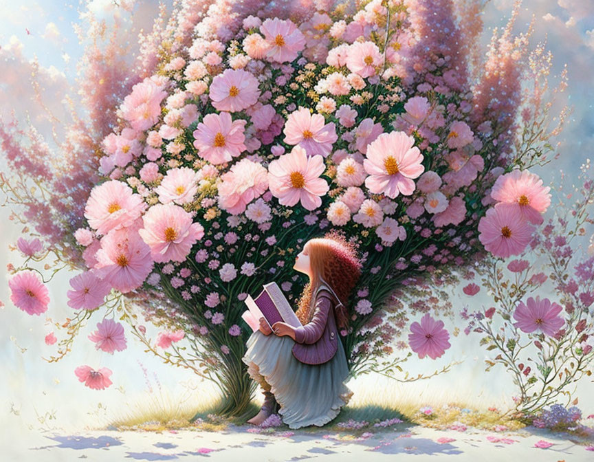 Girl reading under tree with large pink blossoms creates magical scene