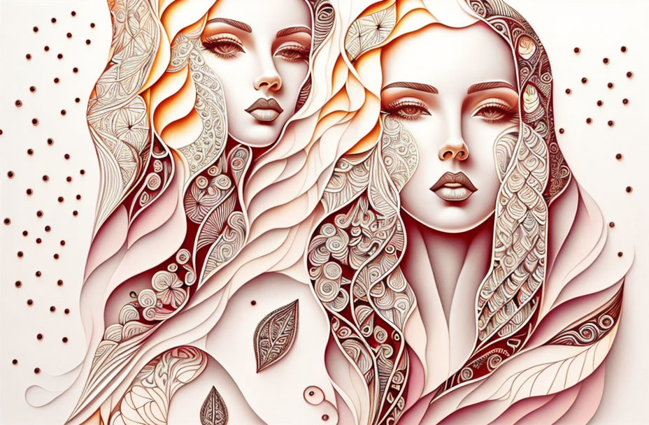 Stylized women's faces with ornate hair patterns in warm tones on dotted background