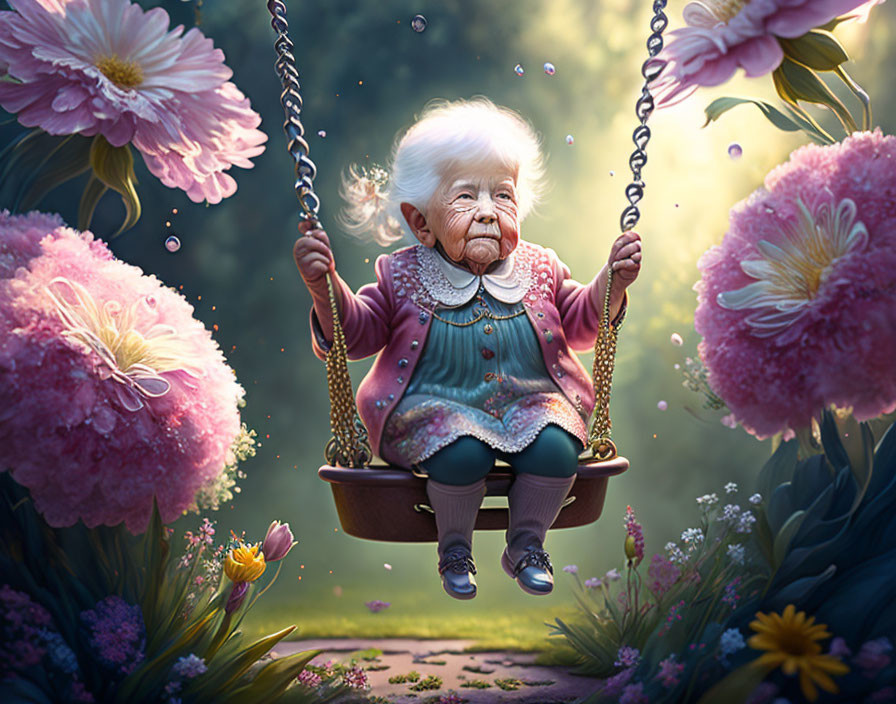 Elderly woman swinging in flower-filled garden