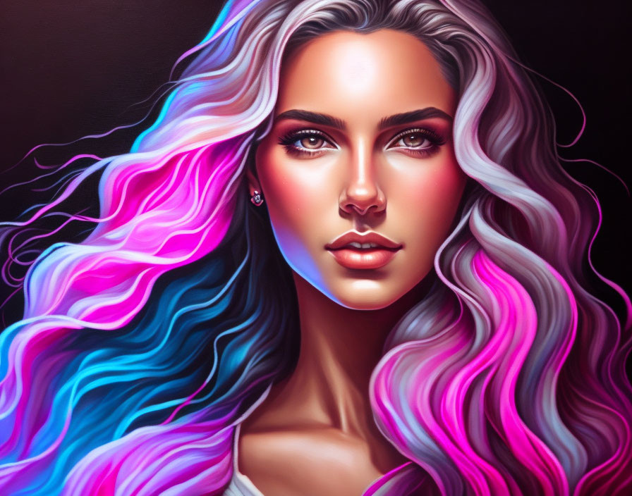 Vibrant pink and blue artistic portrait of a woman with flowing hair