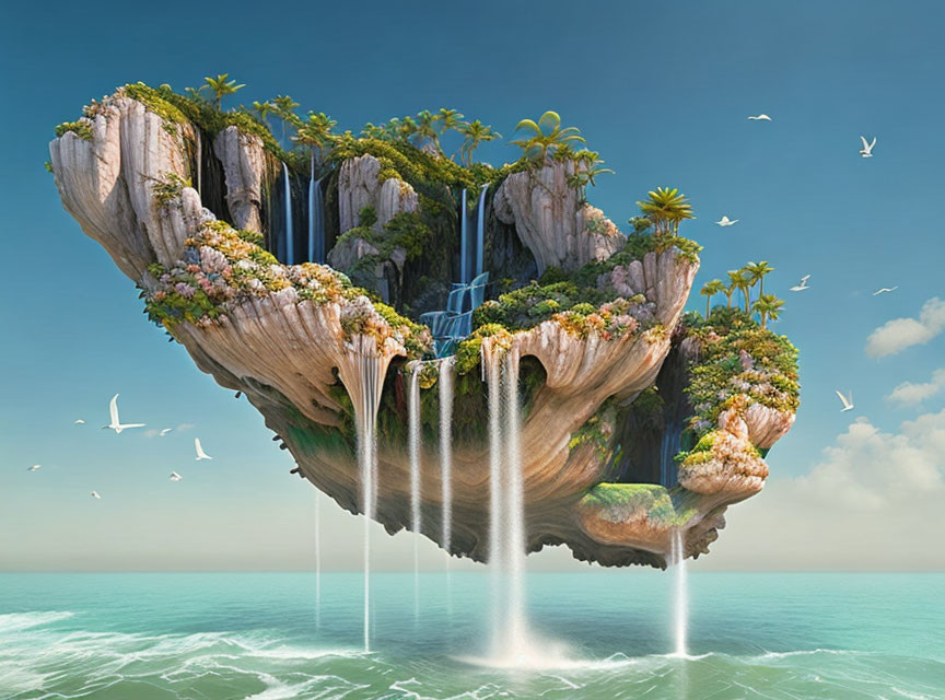 Serene floating island with lush greenery and waterfalls over blue ocean