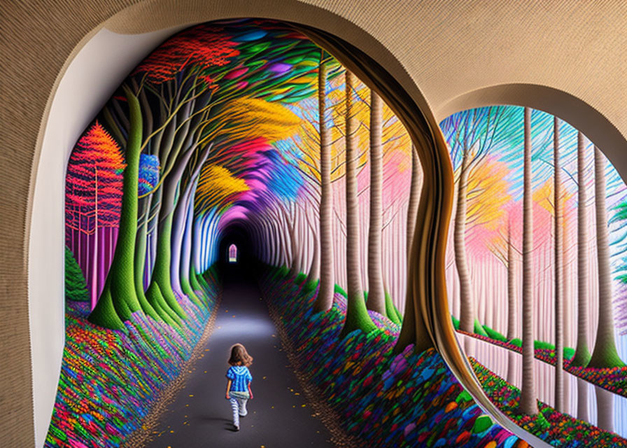 Child Walking Through Colorful, Tree-Adorned Tunnel