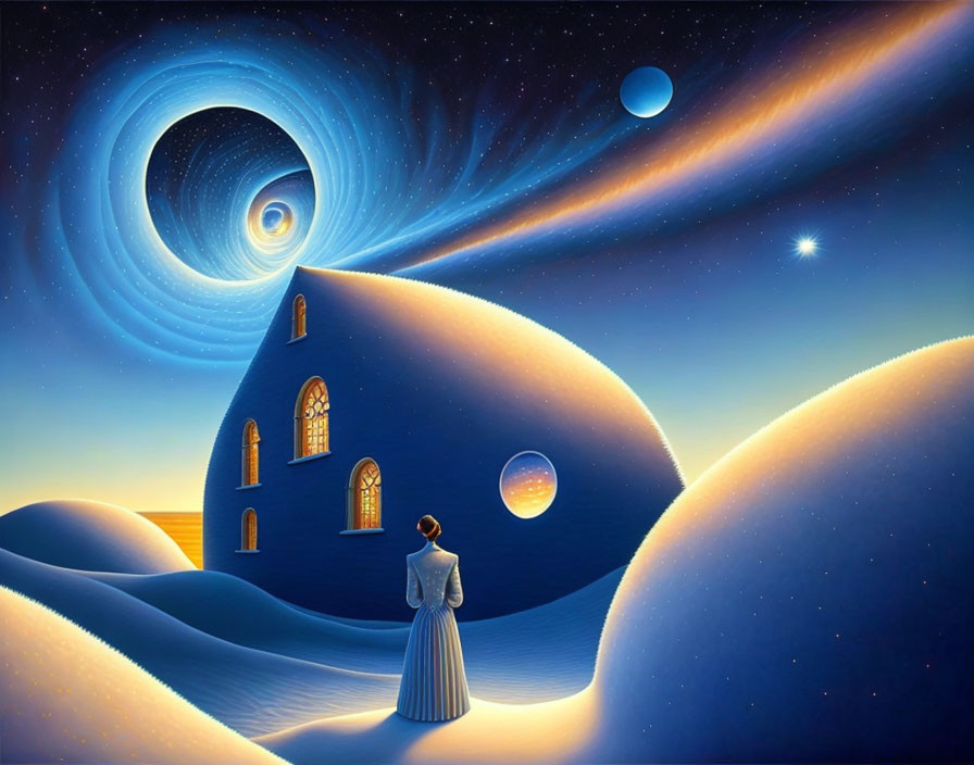 Surreal landscape with woman outside round house under starry sky