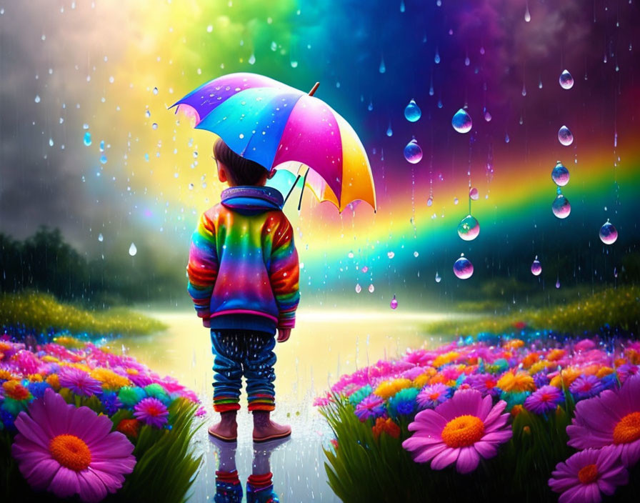 Child in Colorful Jacket Holds Umbrella Among Vibrant Flowers, Rainbow, and Raindrops