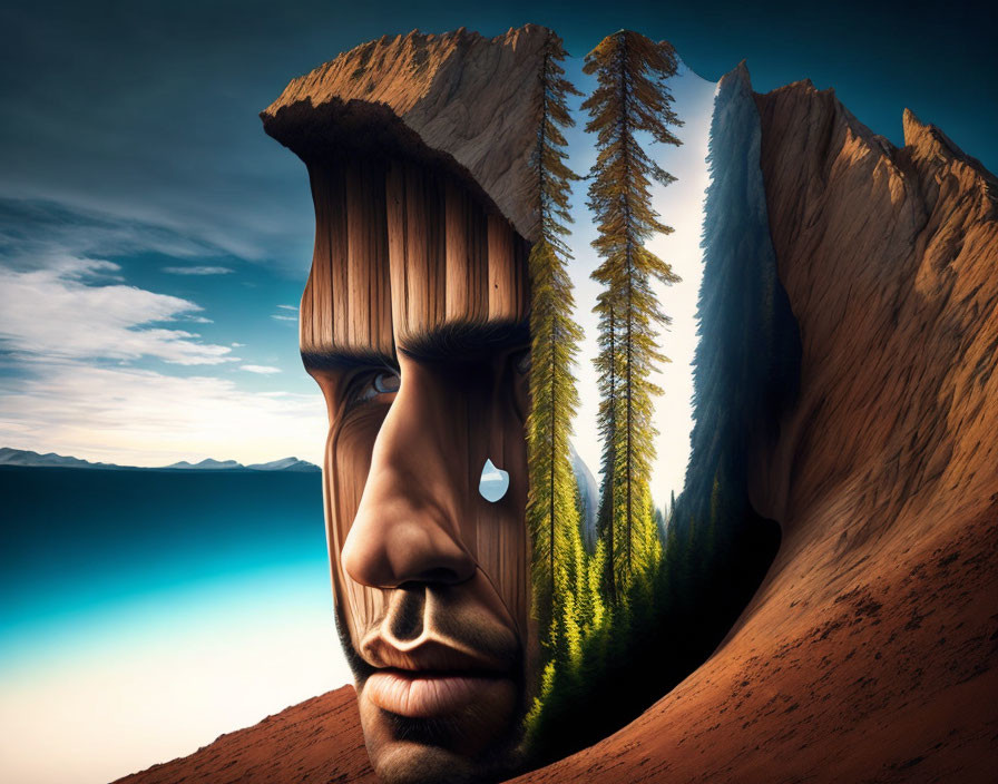 Man's face blends with landscape, forming cliff and trees profile against twilight sky.