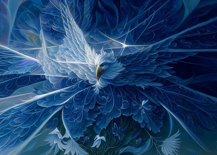 Blue Phoenix with Intricate Feathers Soaring in Vibrant Floral Backdrop