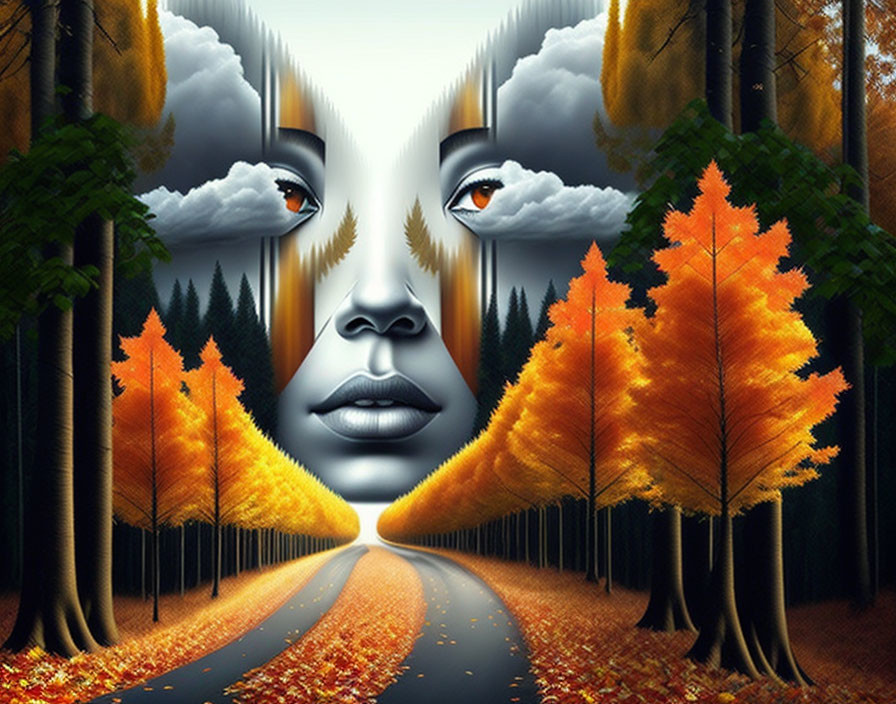 Surreal Landscape with Autumn Trees and Cloud Face