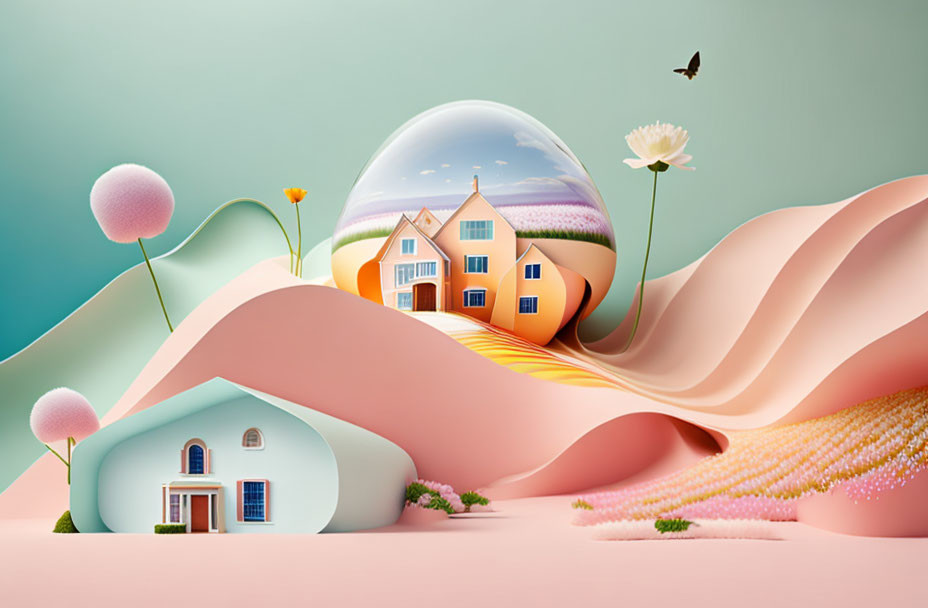 Pastel hills, butterfly, whimsical plants, houses in surreal landscape