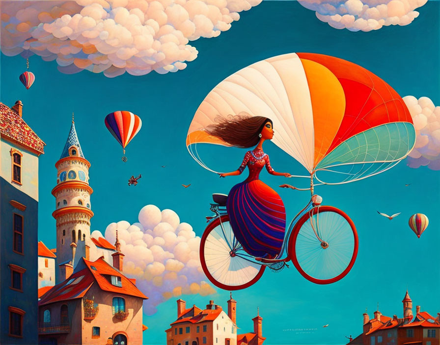 Whimsical illustration of a woman on a bicycle with parachute, floating among clouds and colorful structures