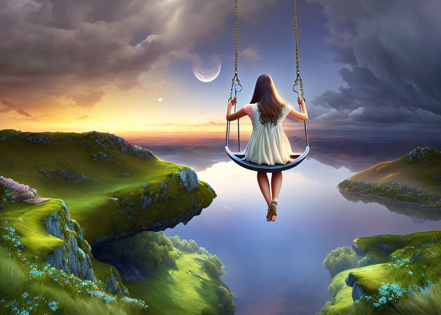 Girl on Swing in Surreal Landscape with Rolling Hills and Crescent Moon