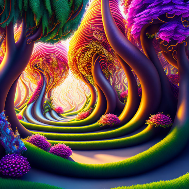 Colorful Psychedelic Forest Digital Artwork with Swirling Trees