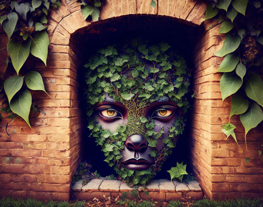 Face blended with green foliage in arched brick alcove