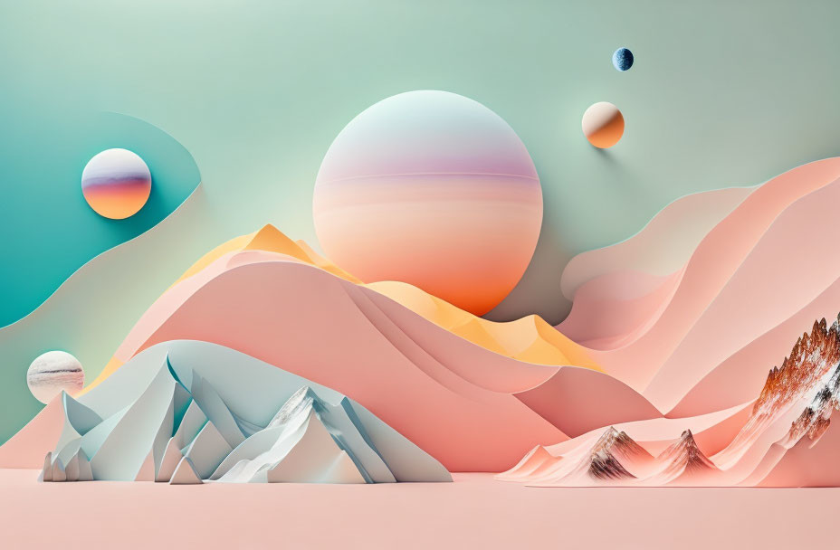 Pastel-colored dunes and stylized mountains in surreal landscape.