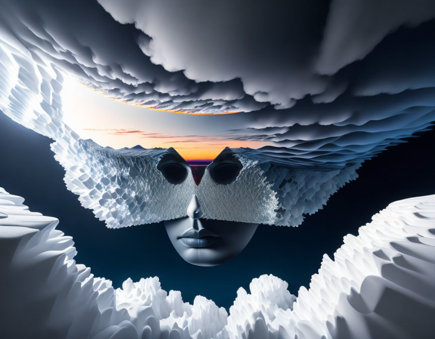 Surreal face with hollow eyes in wave-like patterns under dramatic sky.