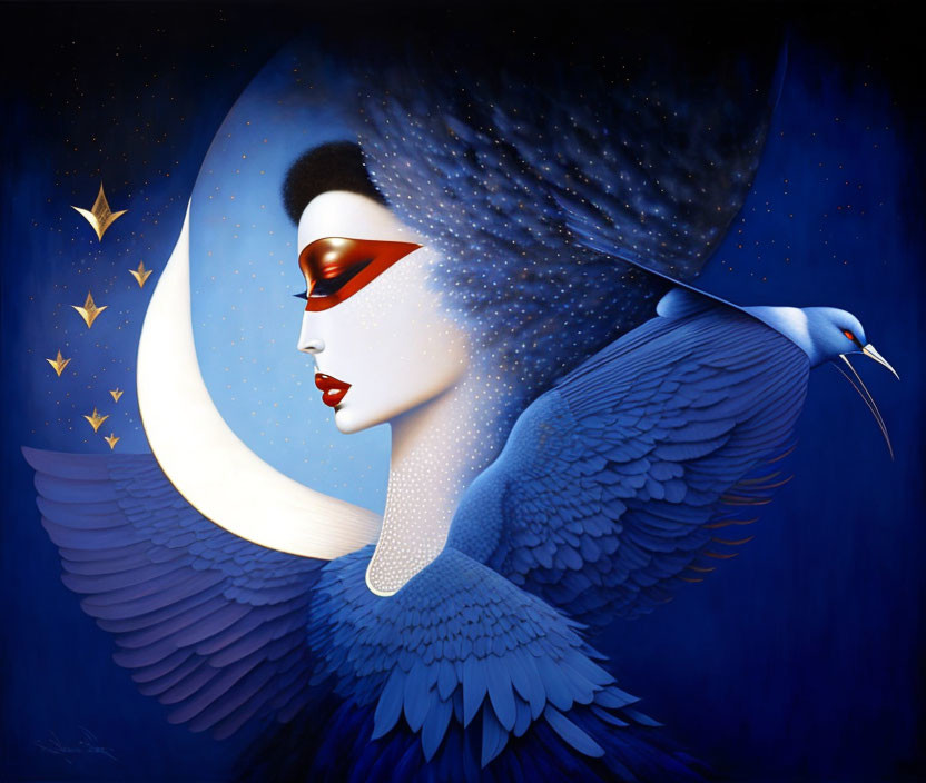 Dark-haired woman with red lips in surrealistic artwork featuring bird's wing and crescent moon in star