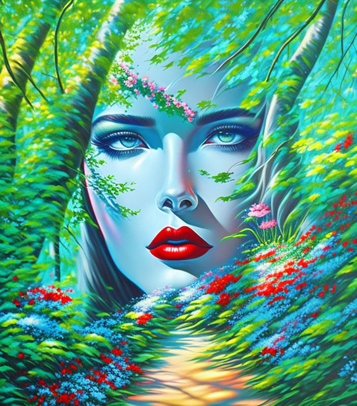 Colorful artwork of woman's face merged with lush forest scenery