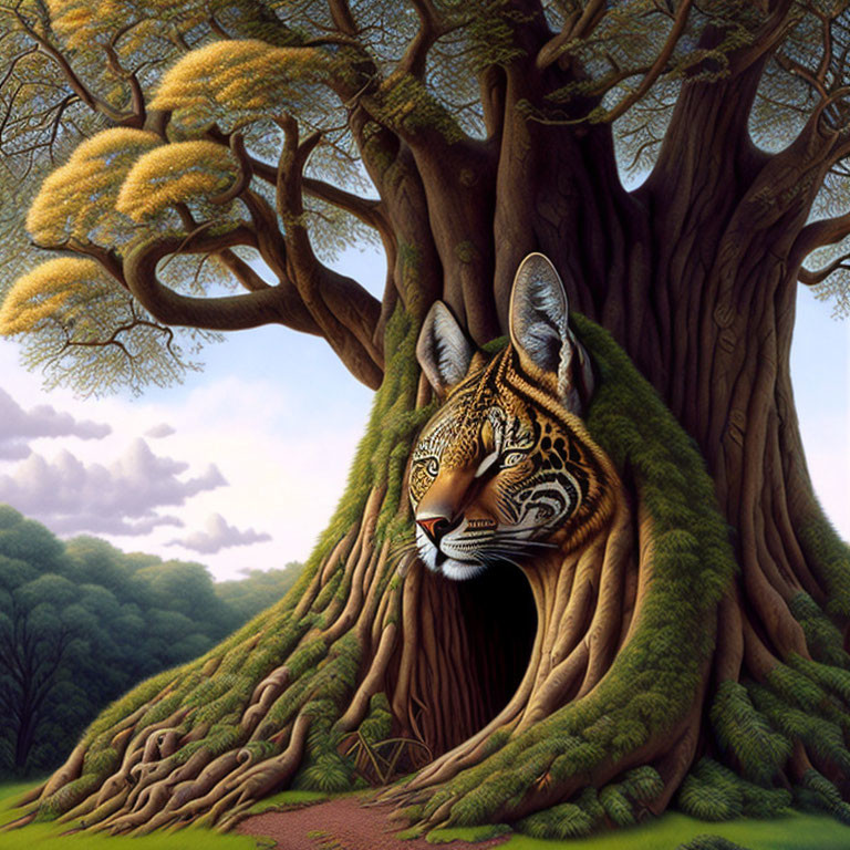 Surrealist image of tree with ocelot face in forest