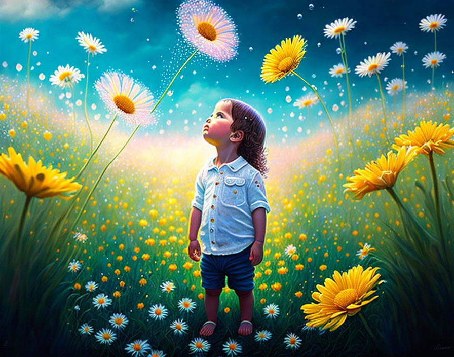 Child in magical glowing daisy field with transforming dandelions