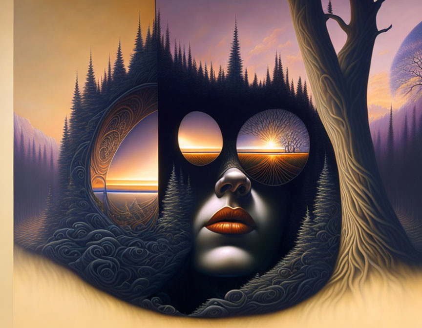 Face merged with landscape: tree nose, sunset eyes, swirling sky.