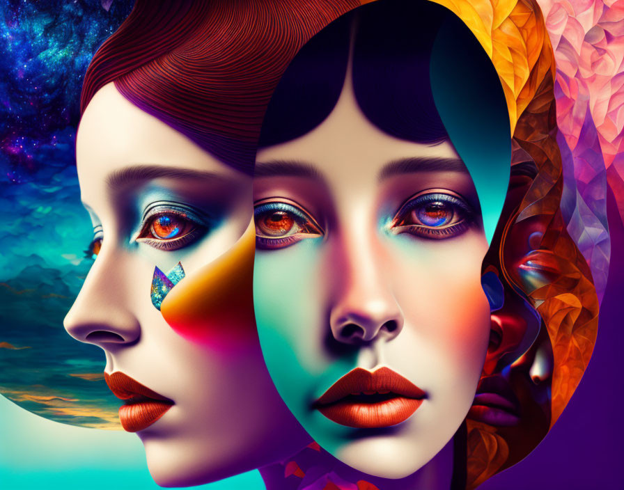 Vibrant surreal artwork: two female faces with contrasting colors in circular composition