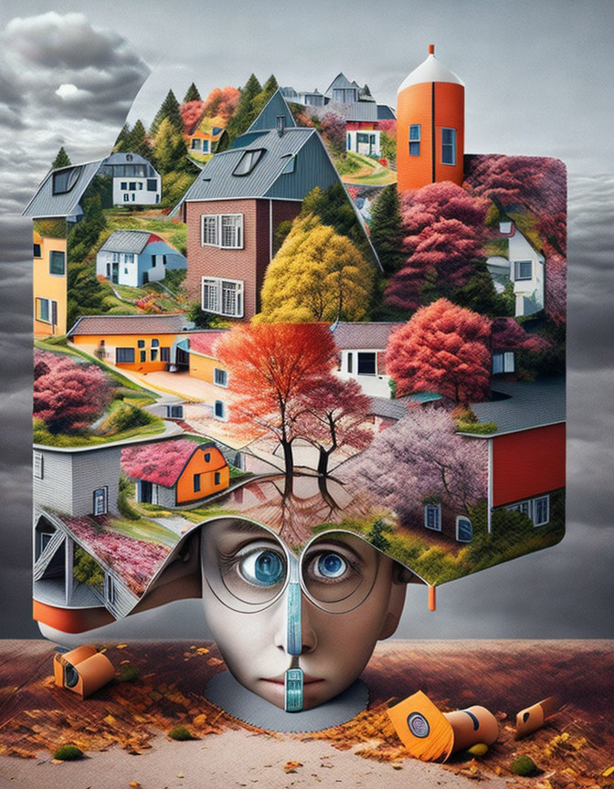 Surreal artwork: face with houses, trees, landscapes, zipper revealing colorful autumnal scene