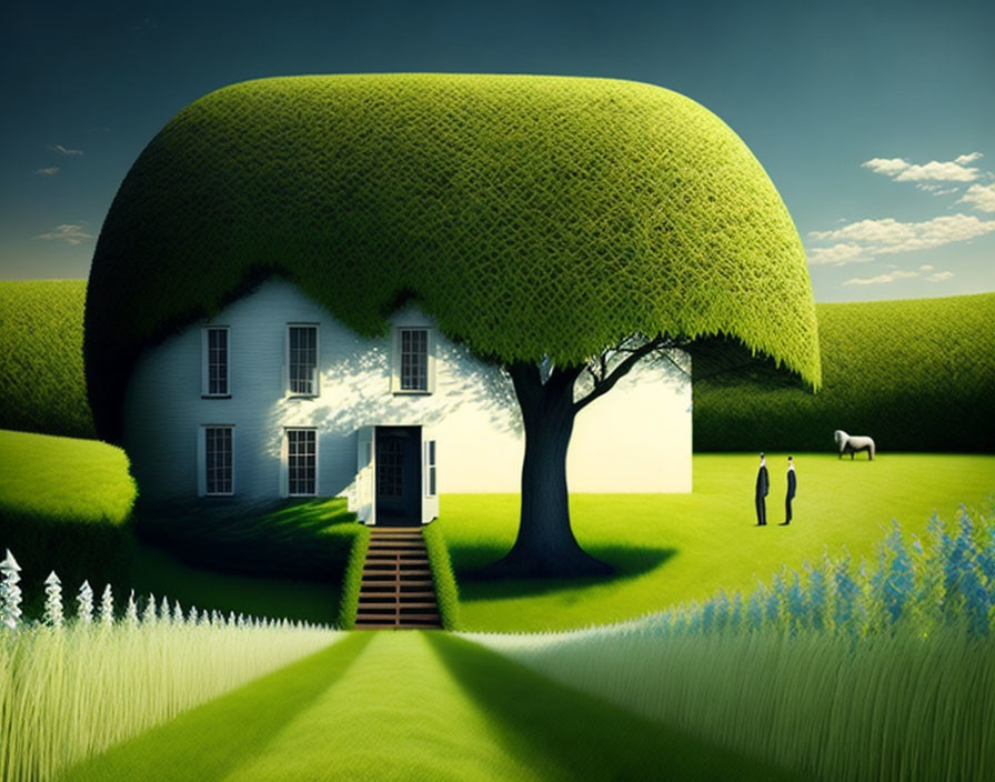 Whimsical house with tree-like roof in green hills with figures and horse.