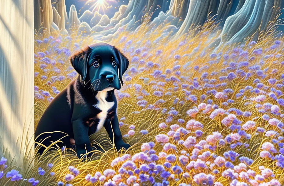 Black Puppy Surrounded by Purple Flowers in Forest Setting