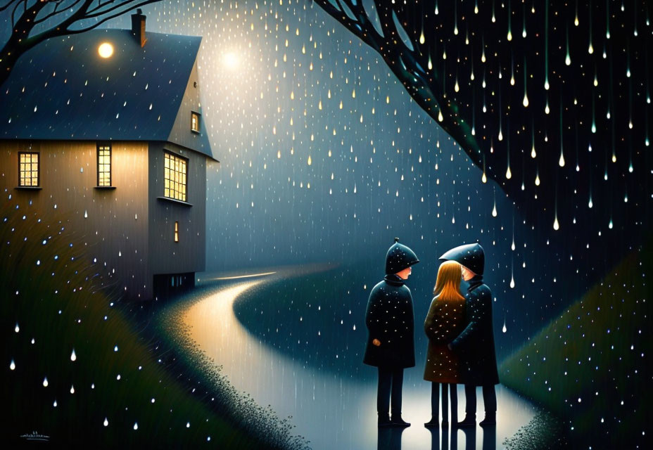 Couple under umbrella in rain by cozy house with glowing windows.