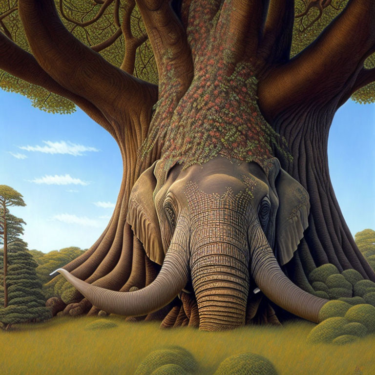 Elephant blending into tree trunk in serene forest scene