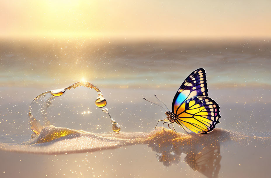 Colorful Butterfly on Glittery Surface with Water Droplet Arc