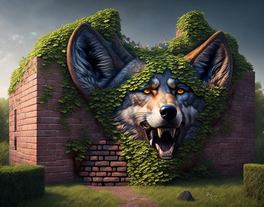 Intricate Wolf Head Topiary Emerging from Ivy-Covered Brick Wall