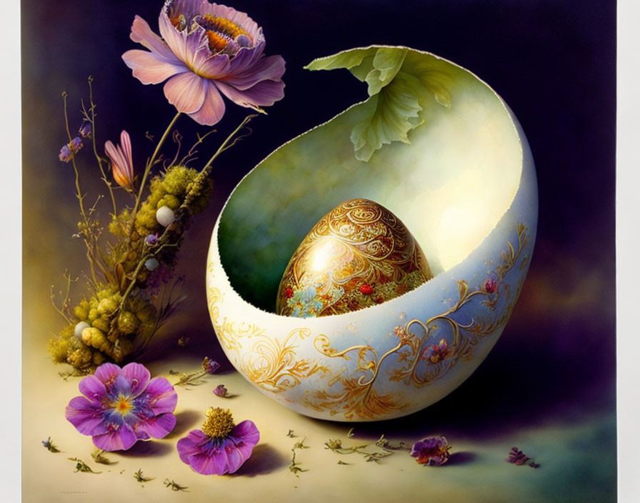 Intricately Decorated Egg Inside Broken Eggshell with Flowers