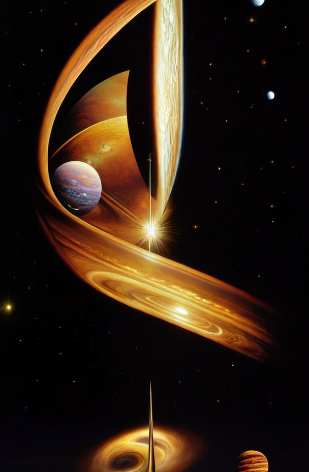 Colorful space scene with ringed planet, moons, and stars on dark backdrop