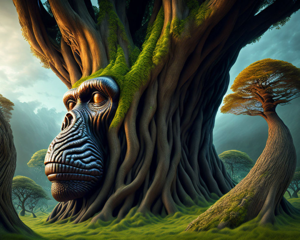 Majestic tree with wise gorilla face in serene forest