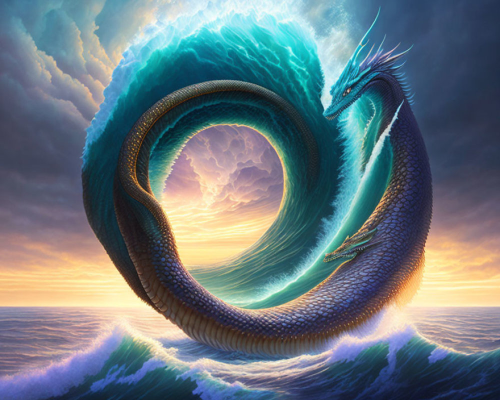 Mythical dragon intertwined with colossal ocean wave at sunset