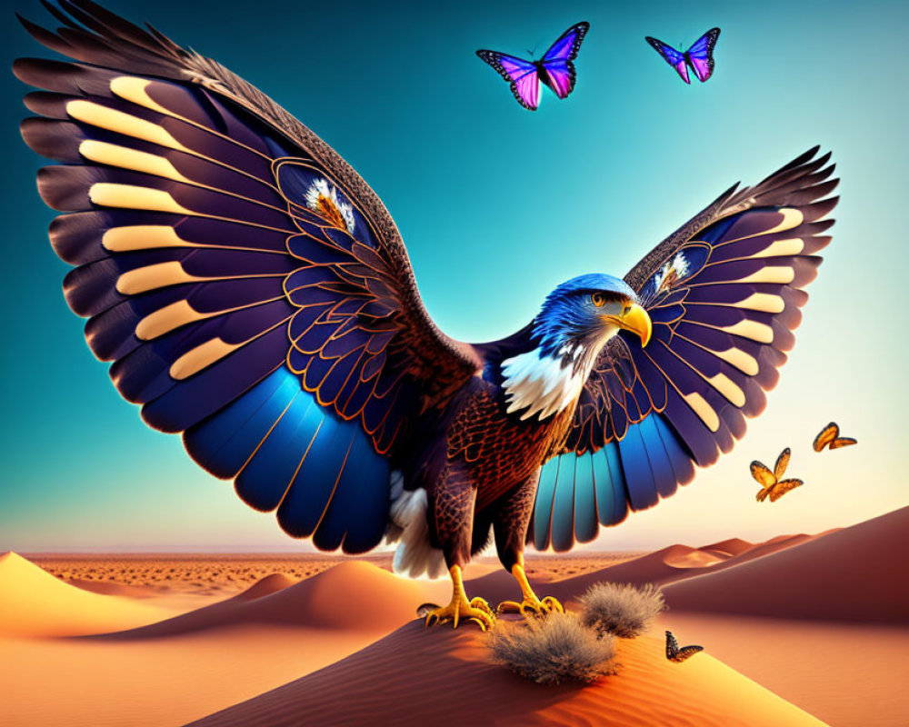 Majestic eagle with outstretched wings in desert sunset with butterflies