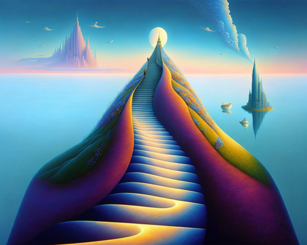 Colorful surreal artwork of bridge, moon, hills, water, ships, spires under twilight sky