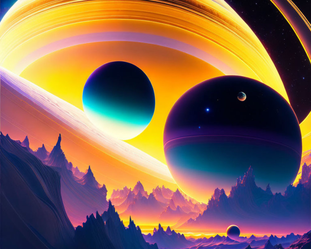 Sci-fi landscape with mountains, rings, and celestial bodies at sunset