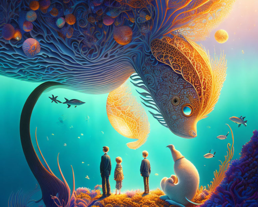 Children observing ethereal fish in vibrant underwater scene