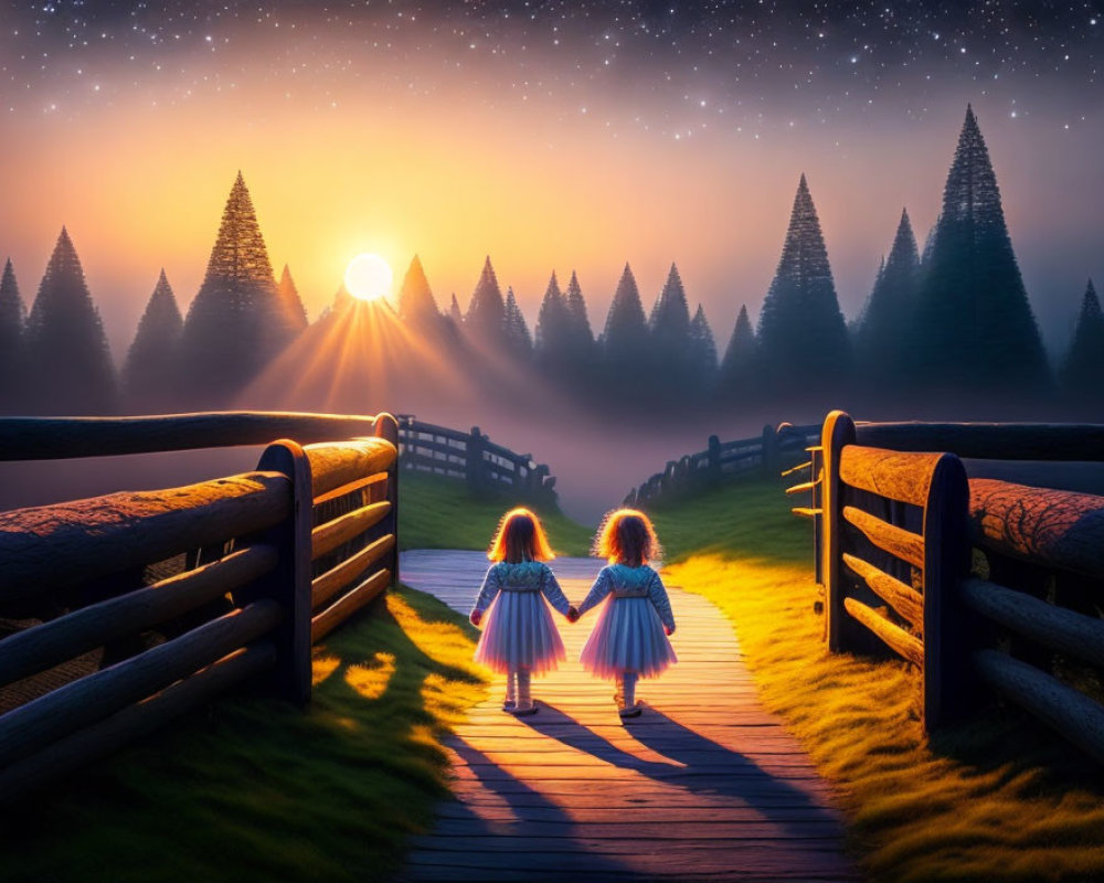 Children holding hands on wooden bridge at sunset among pine trees