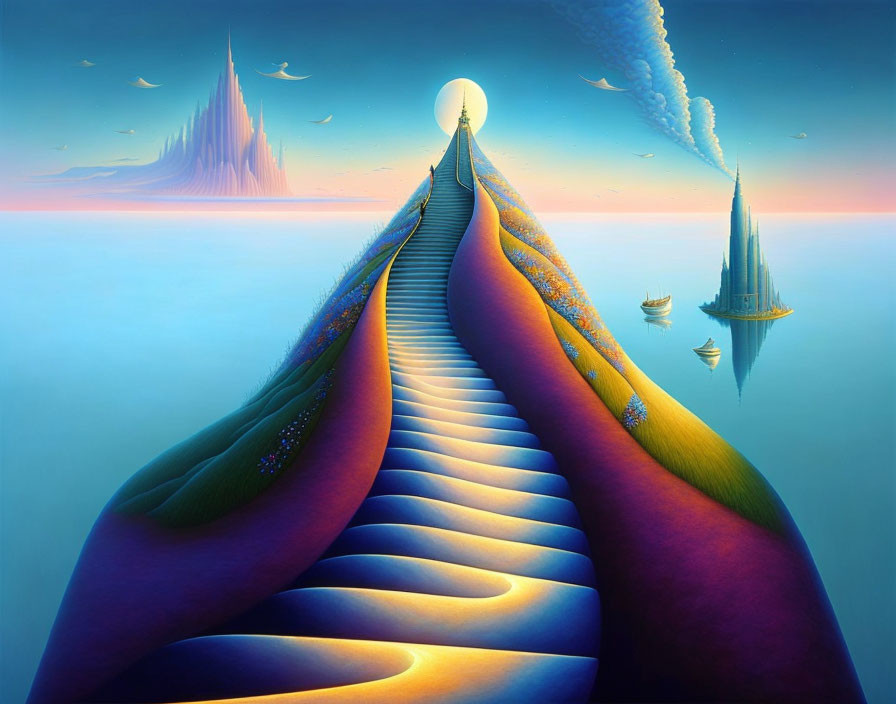 Colorful surreal artwork of bridge, moon, hills, water, ships, spires under twilight sky