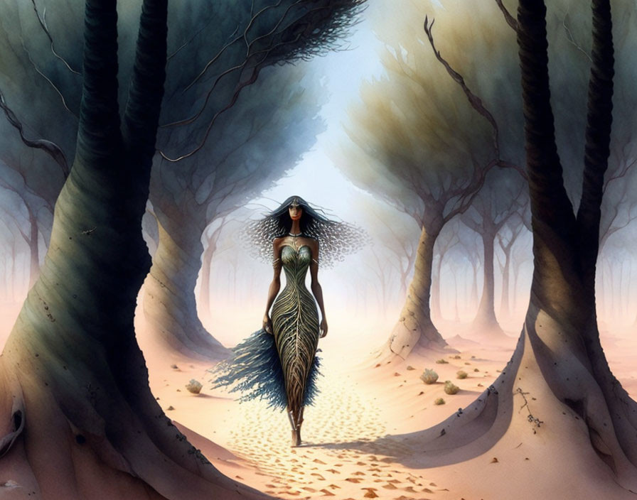 Mystical woman with peacock feather-like wings in foggy forest