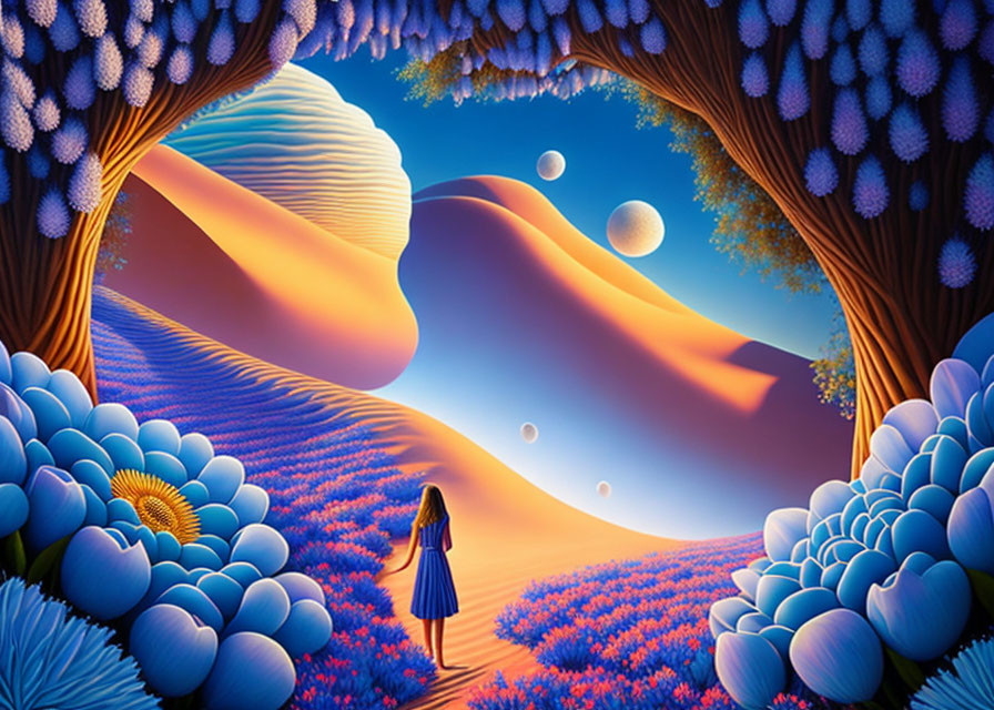 Dreamlike Landscape with Flowers and Celestial Bodies