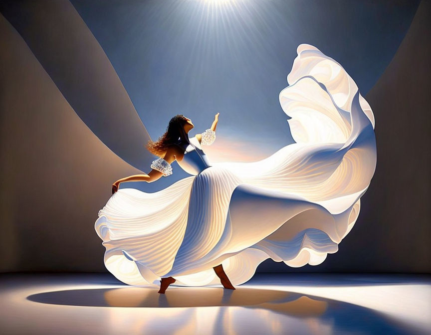 Graceful dancer in white fabric blends classical and contemporary styles