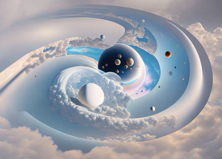 Surreal cosmic whirlpool blending sky, clouds, and celestial bodies