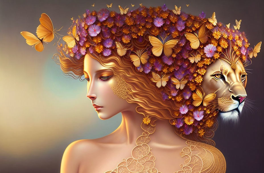 Surreal woman and lion profile with floral crown on gradient background